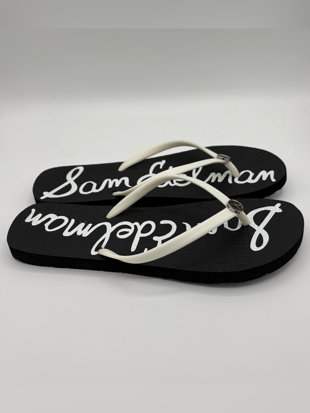 Sam Edelman Flip Flops Womens 10 Black White Logo Footbed Thong Sandals SEE NOTE